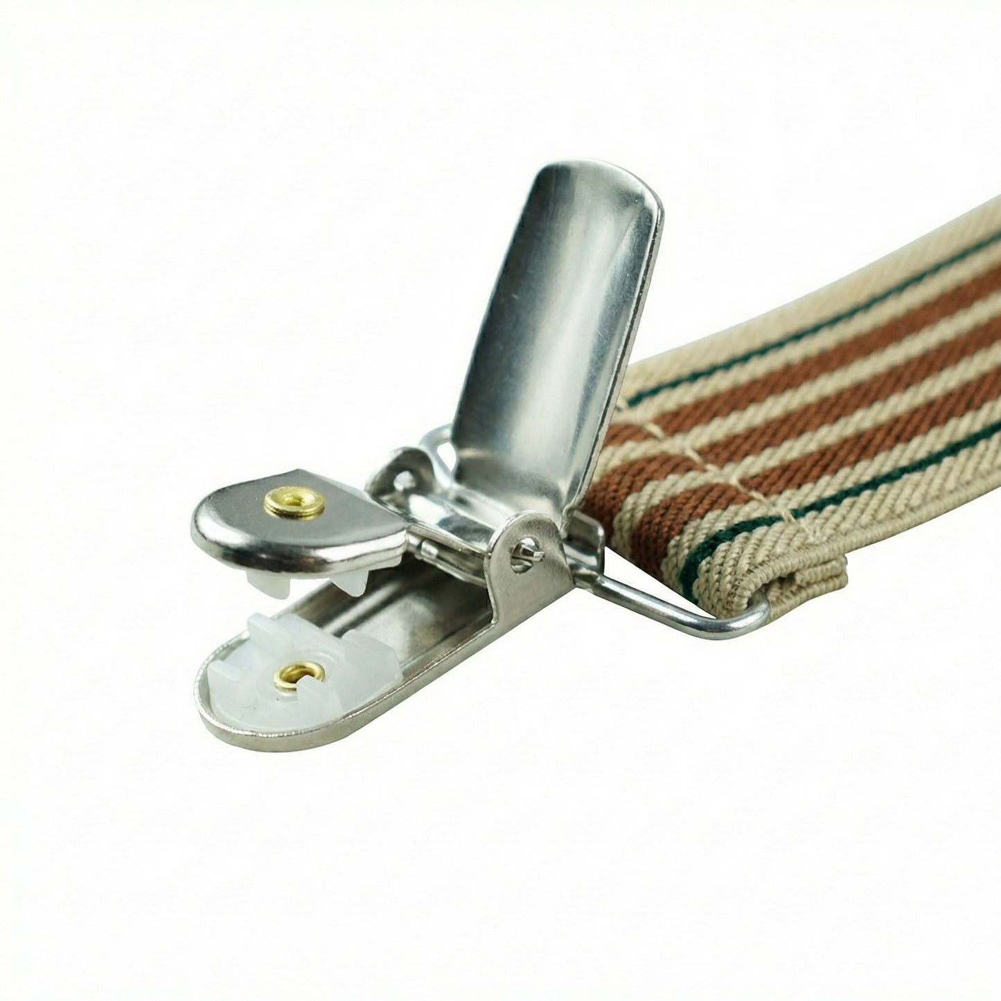 X-Back Suspenders Khaki Green 3 Brown Stripe - Clip Open