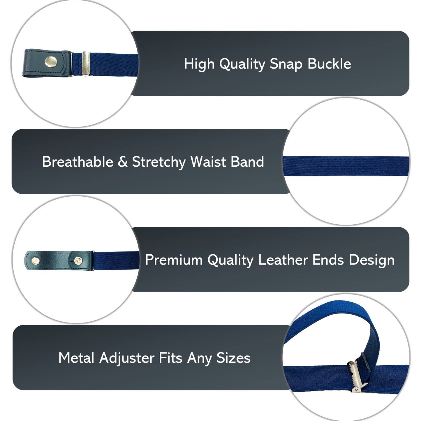 No Buckle Elastic Belt (Navy, Waist 22"-37")