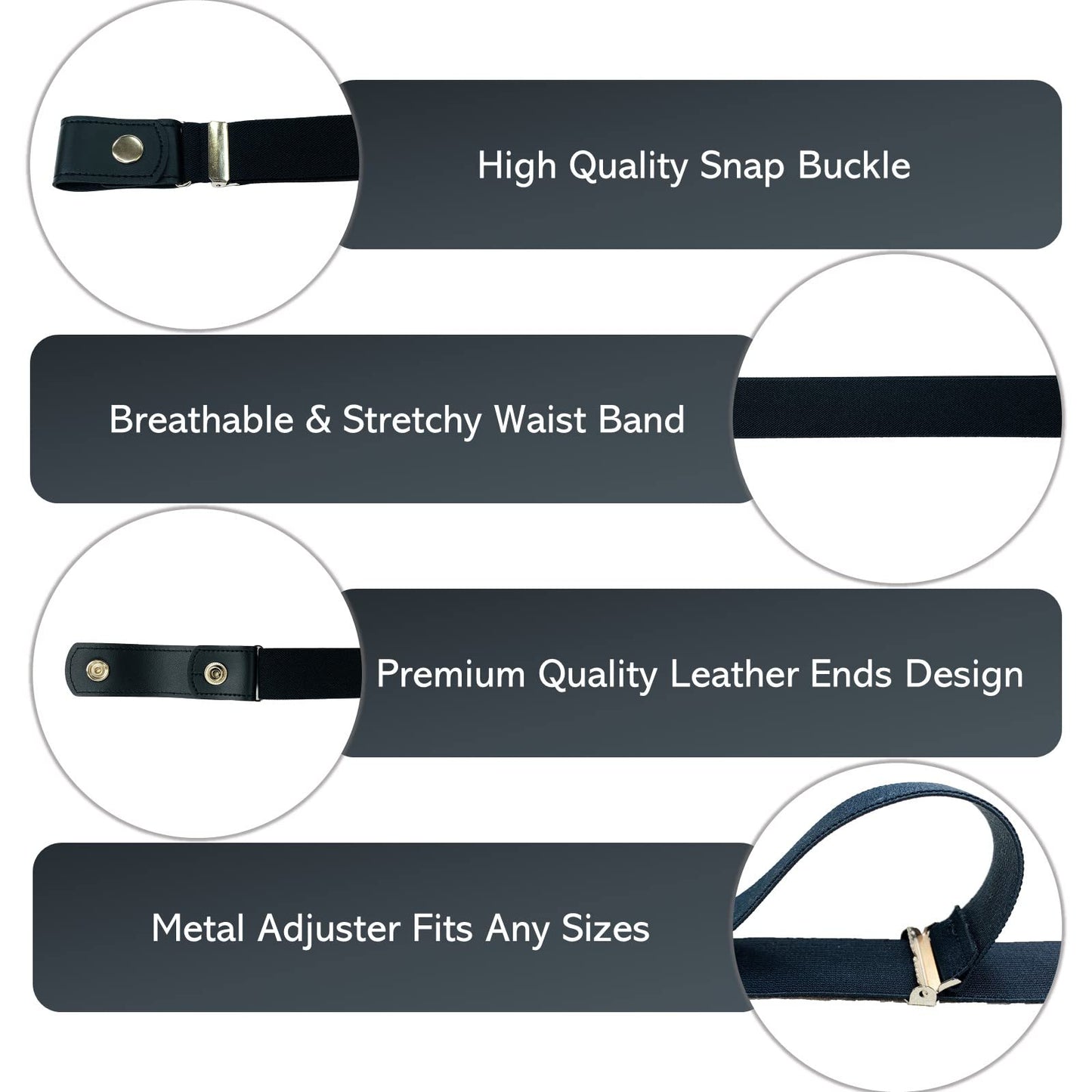 No Buckle Elastic Belt (Black, Waist 22"-37")