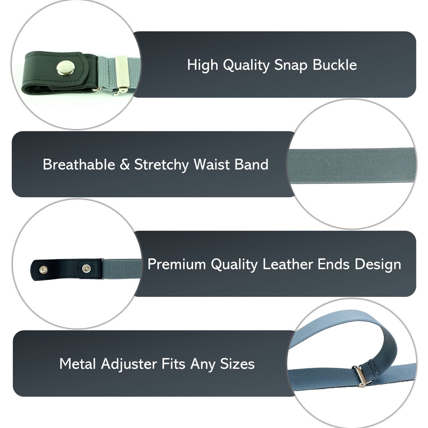 No Buckle Elastic Belt (Gray, Waist 35"-63")