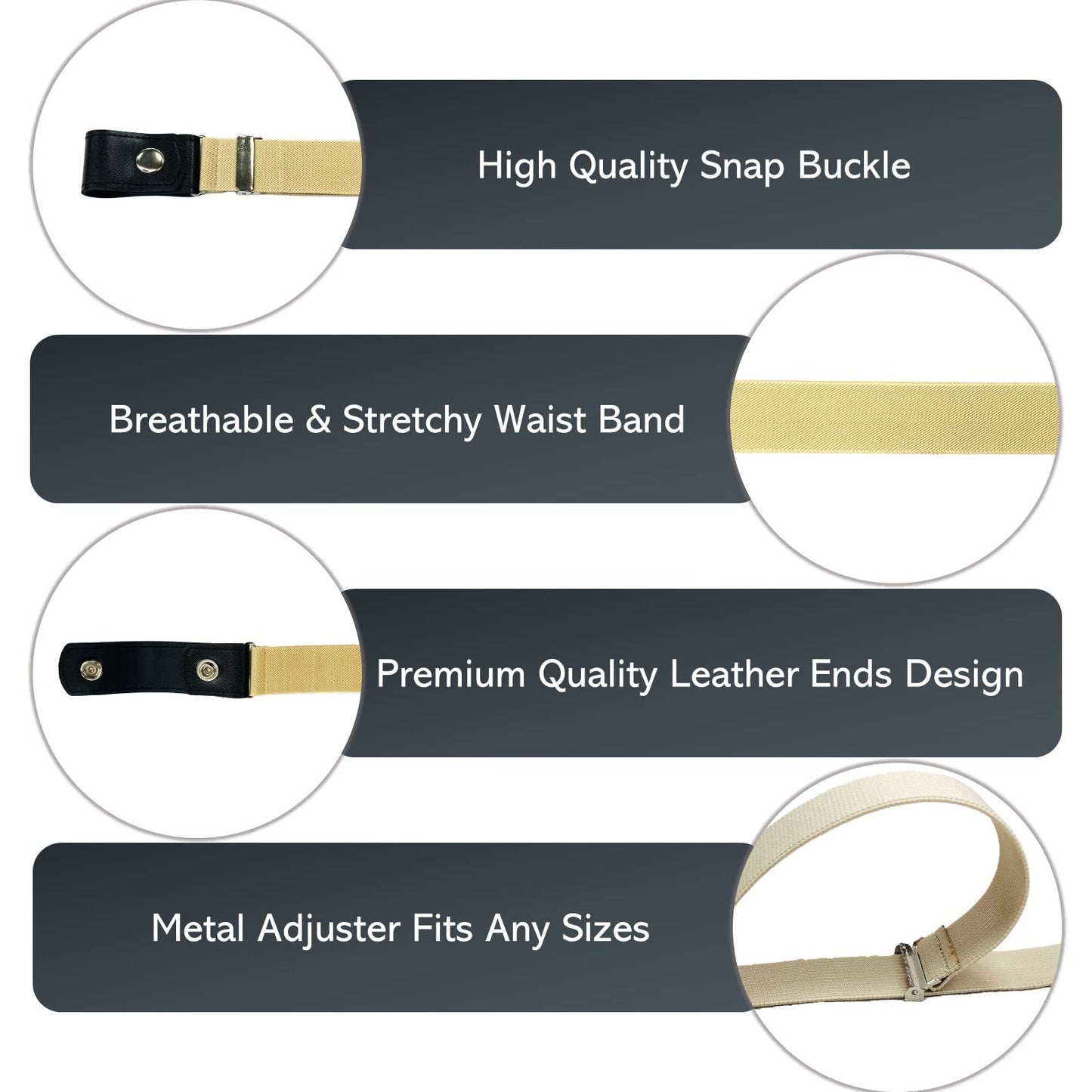 No Buckle Elastic Belt (Khaki, Waist 35"-63")