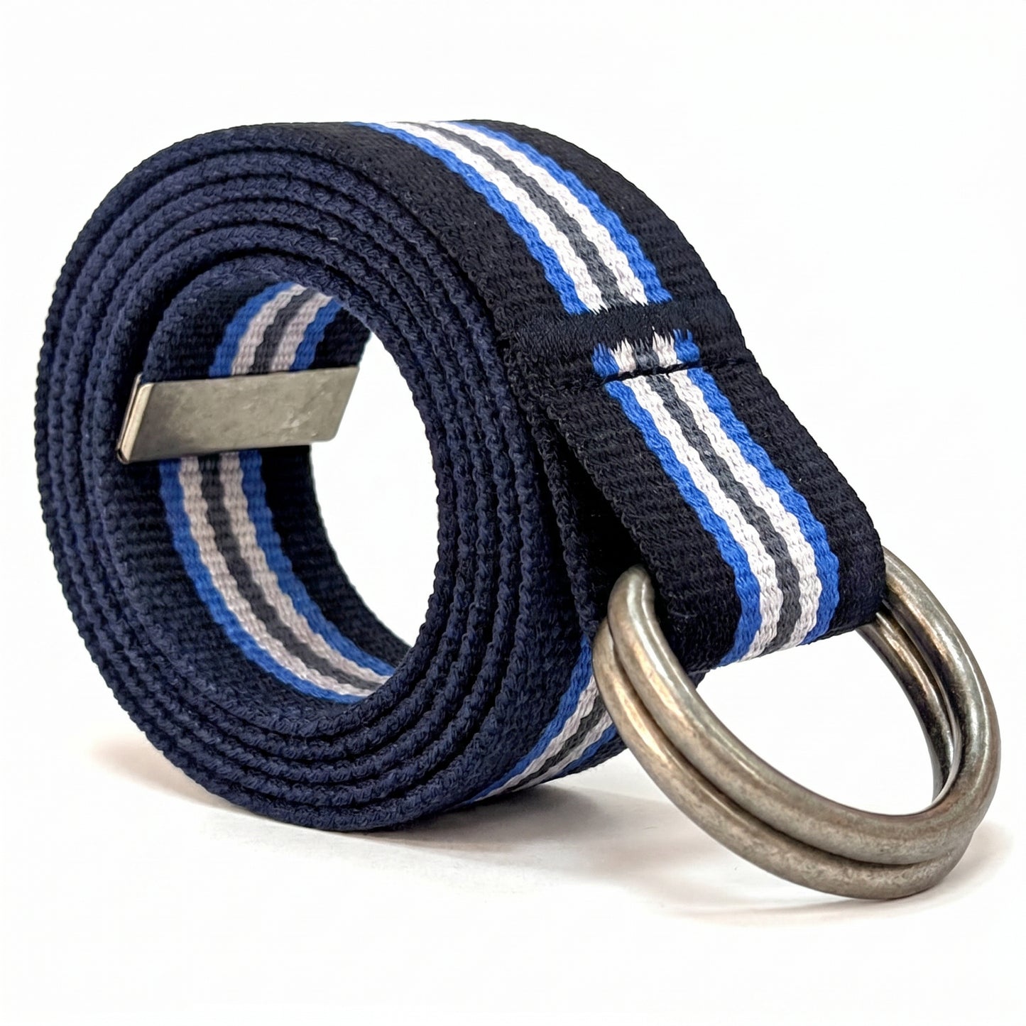 Canvas D-Ring Belt 1½" (Black With Blue White Gray Stripe)