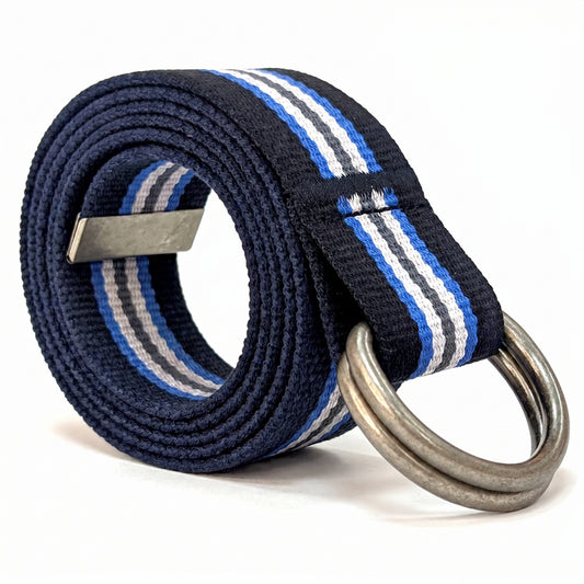 Canvas D-Ring Belt 1½" (Black With Blue White Gray Stripe)