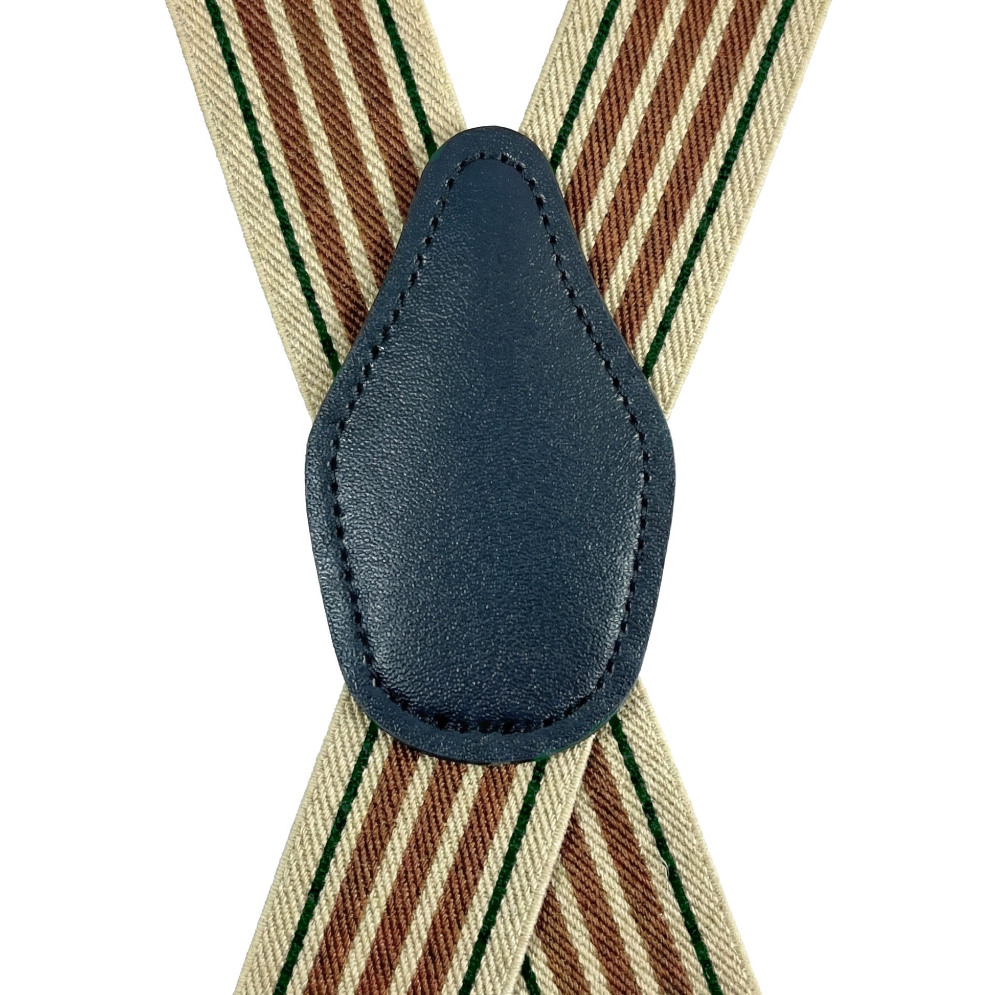 X-Back Suspenders Khaki Green 3 Brown Stripe - Back