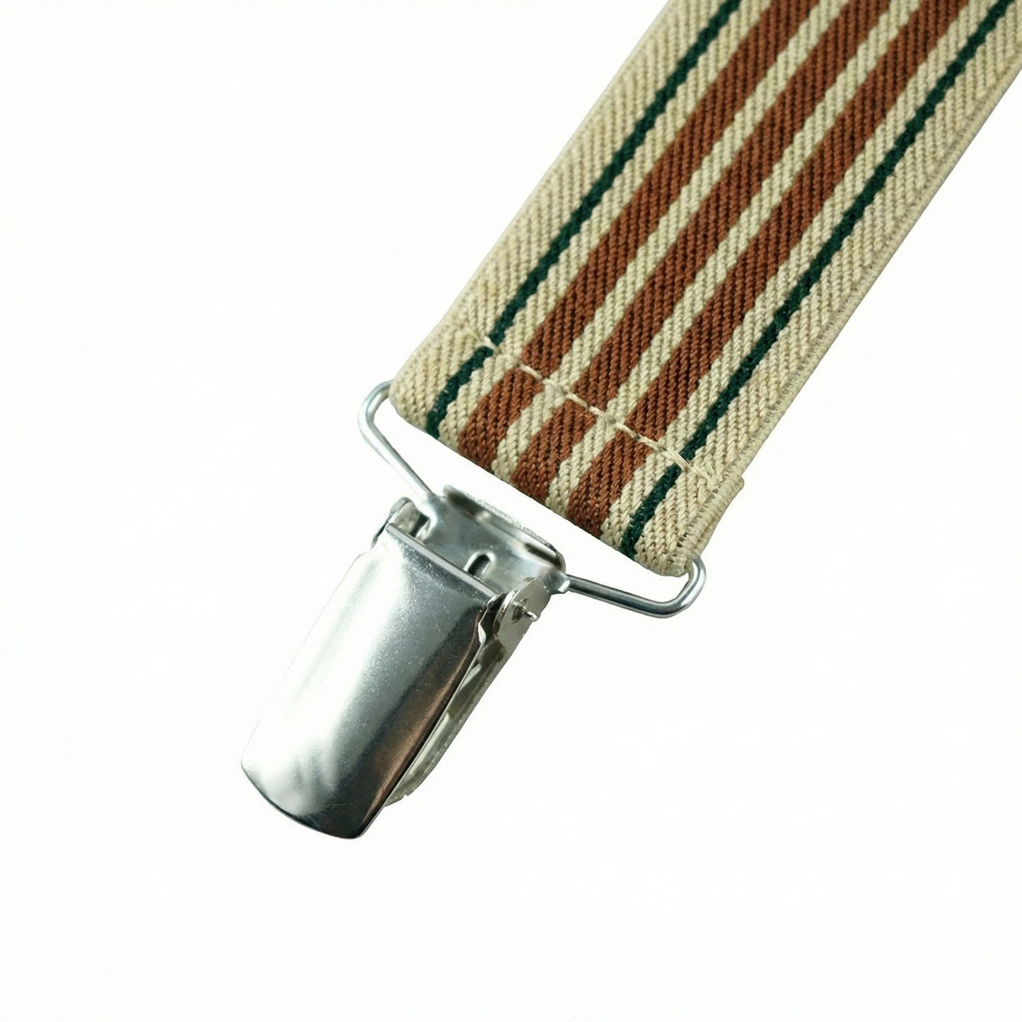 X-Back Suspenders Khaki Green 3 Brown Stripe - Clip Closed