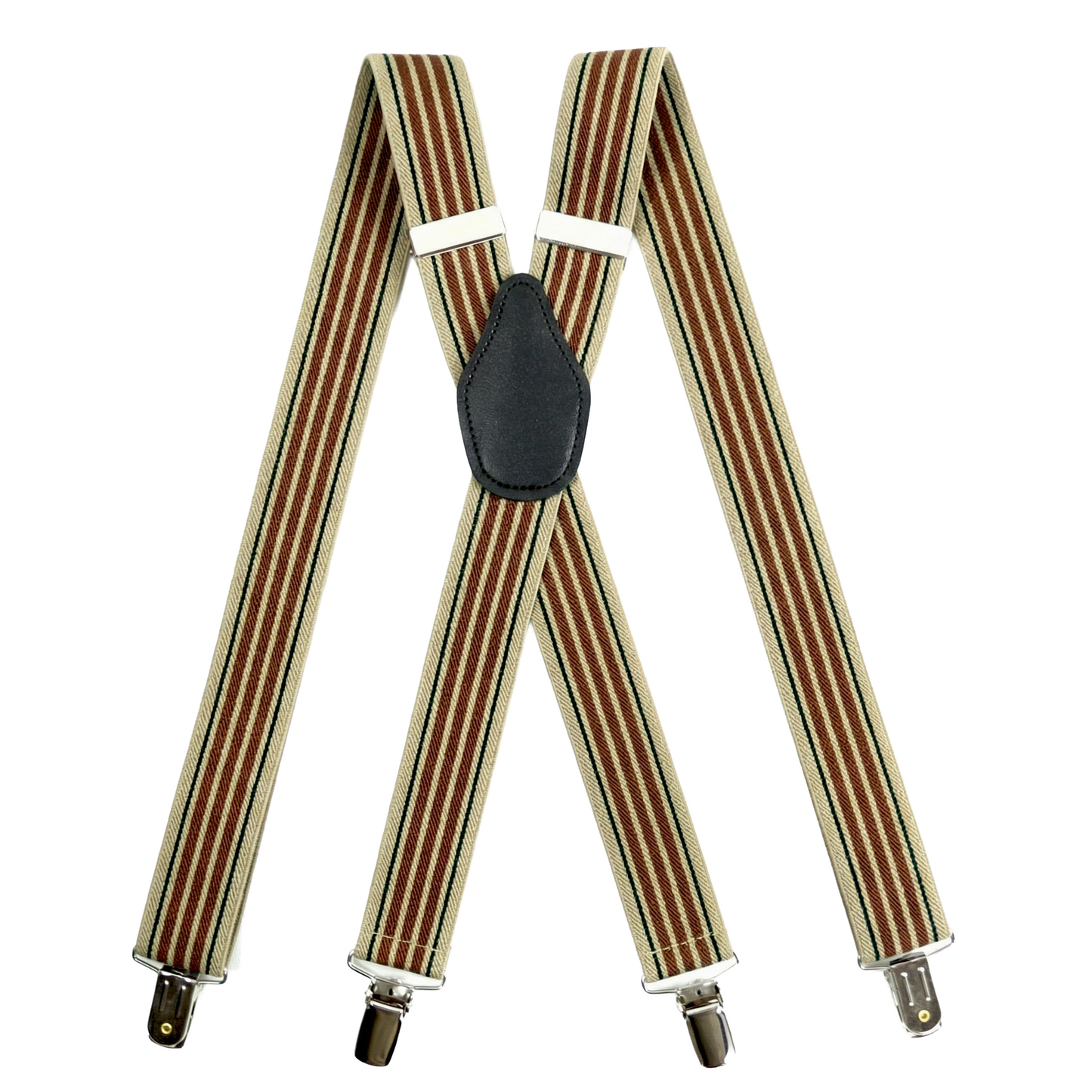 X-Back Suspenders 1¼" (Khaki Green Pinstripes 3 Brown Bar Stripe)
