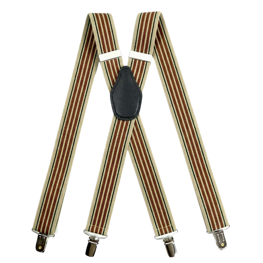 X-Back Suspenders 1¼" (Khaki Green Pinstripes 3 Brown Bar Stripe)