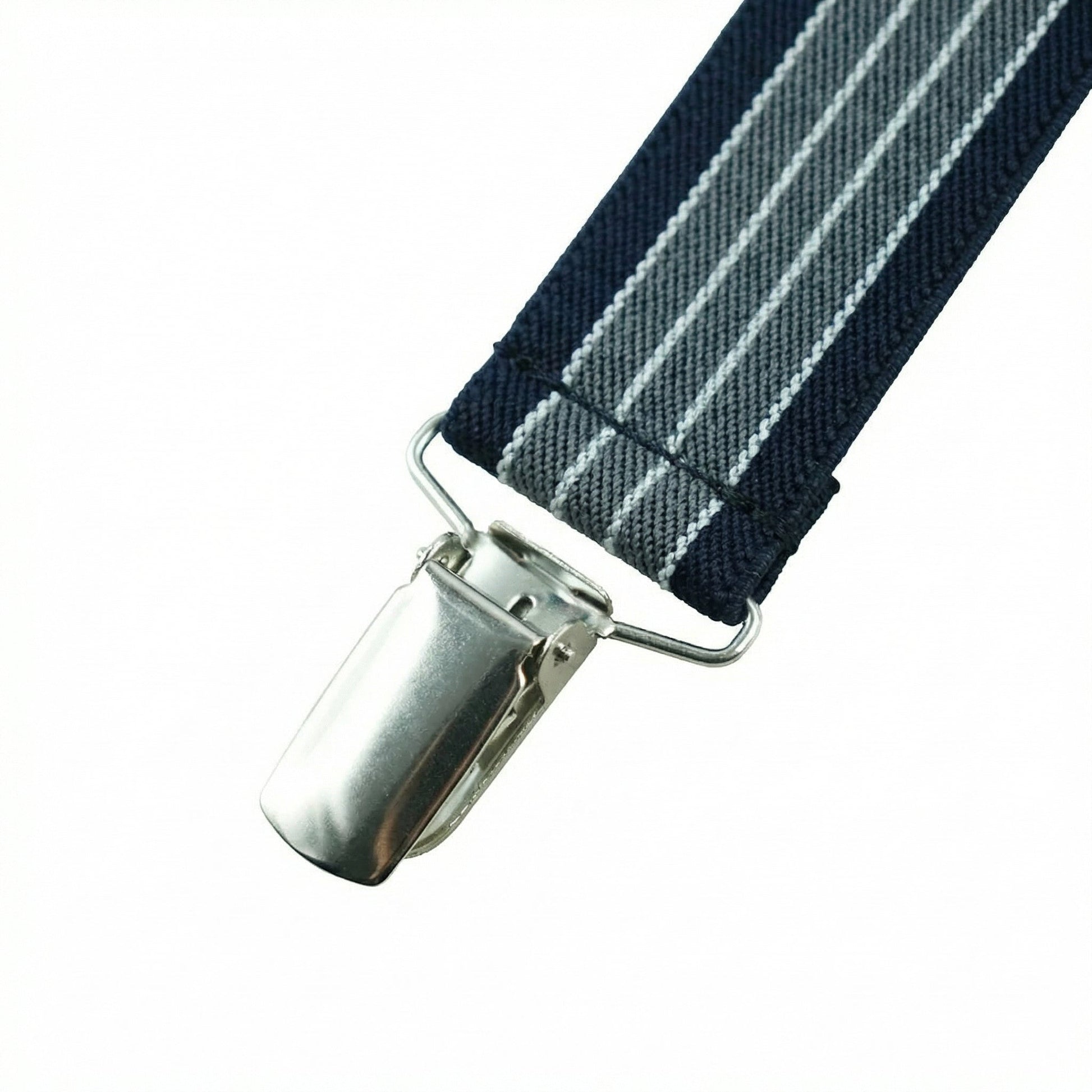 X-Back Suspenders Navy/White/Gray - Clip Closed Detail