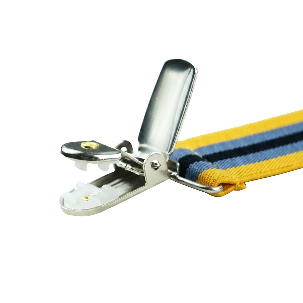 X-Back Suspenders Yellow Blue Navy Stripe - Clip Open